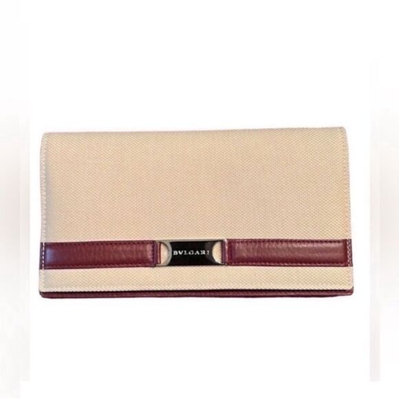 BVLGARI Handbags - Authentic BVLGARI Canvas/Leather Beige/Plum Long bifold Wallet